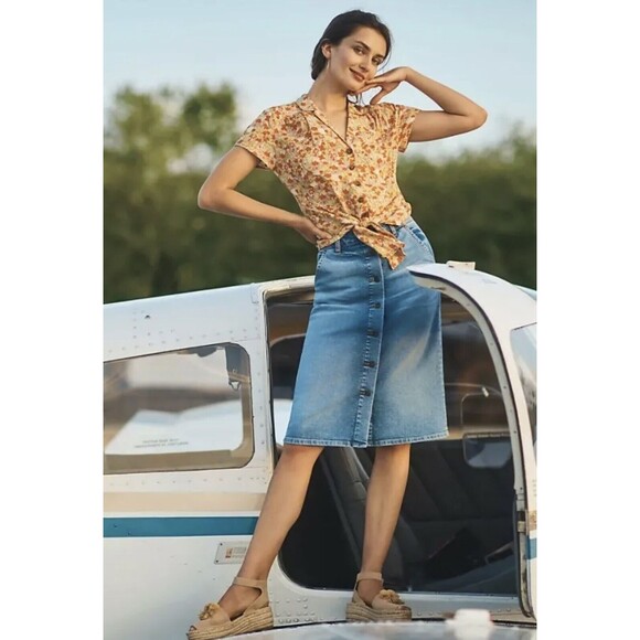 ANTHROPOLOGIE MAEVE Women’s Size 0 Button Down Shirt Citrus Floral Tie Front Bow - Picture 12 of 13